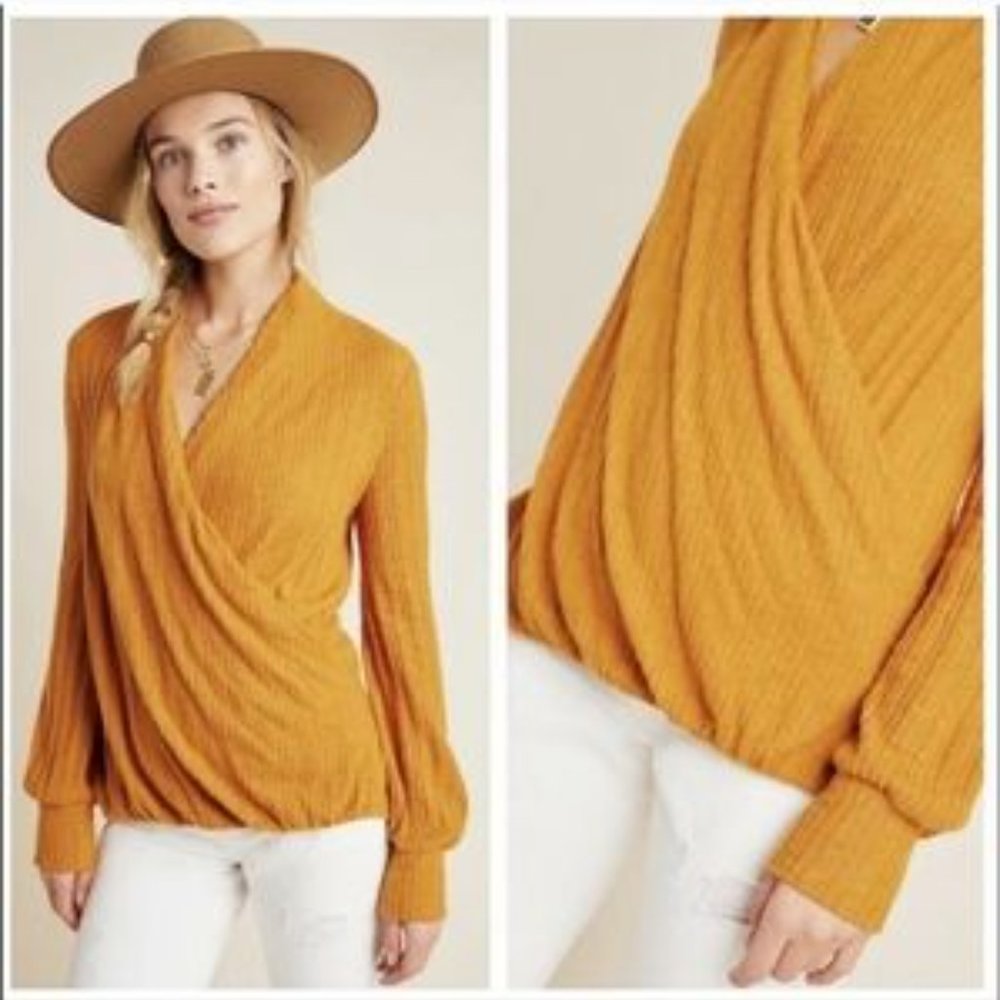 Anthropologie Maeve Rafela hacci surplice mustard sweater Small